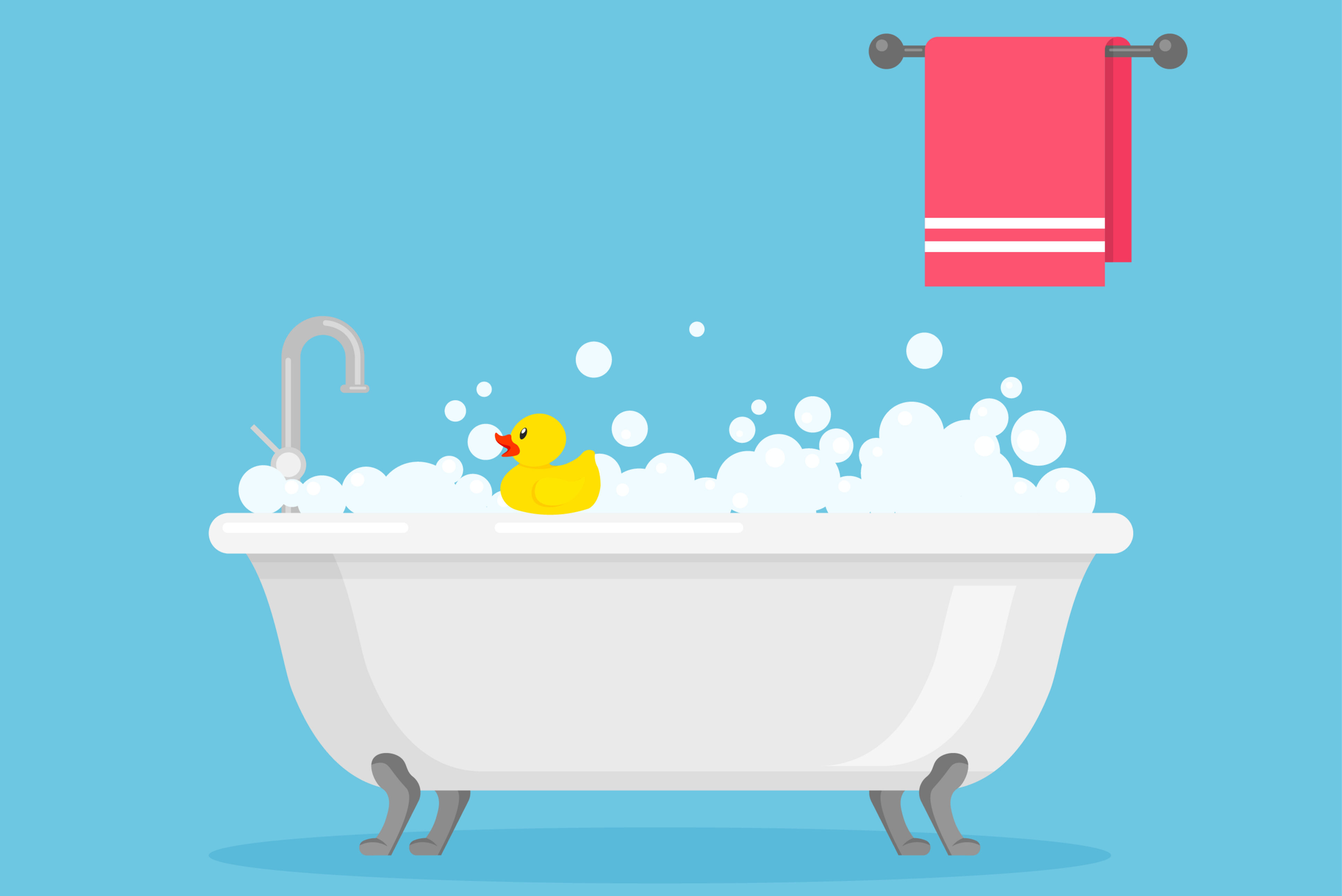 White ceramic bath full of foam with bubbles. Relax bathroom. Shower taps, yellow rubber duck, towel and foot mat. Vector illustration in trendy flat style isolated on blue background.
